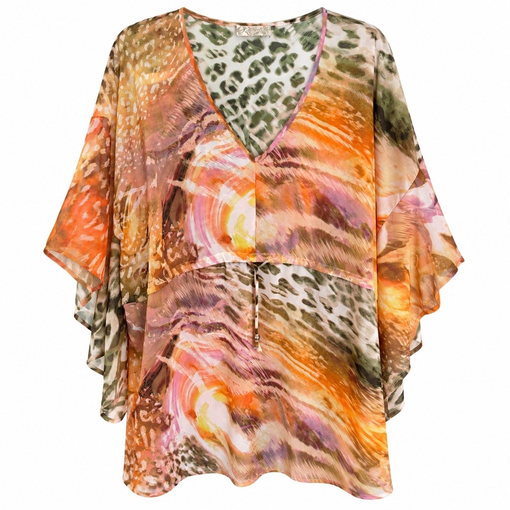 J Valdi Tunic Cover Up Animal Print Chiffon OS Orange Pink Resort Beach Kaftan